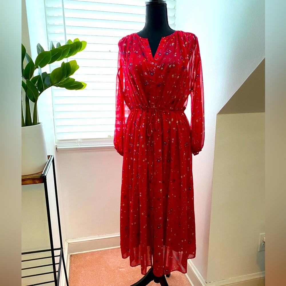 Uniqlo cherry red floral semi-sheer midi dress, buttons up front. size M